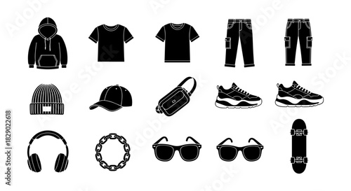 Trendy urban fashion icons featuring apparel accessories and streetwear essentials