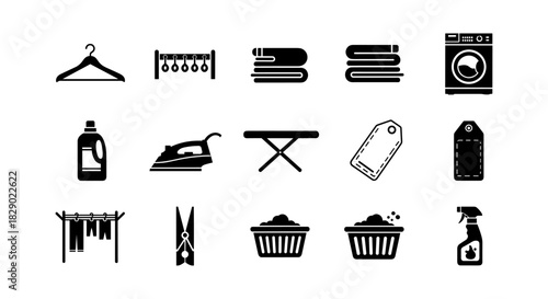 Laundry essentials icons: simplistic black and white household symbols for modern design