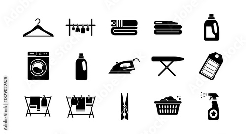 Laundry icons: essential household symbols in black silhouette style