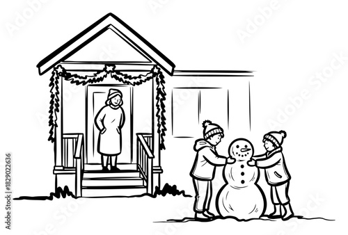Children building a snowman in the yard near the house during winter hand drawn vector illustration