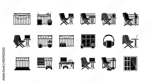 Minimalist home office and gaming setup icons in black silhouette style