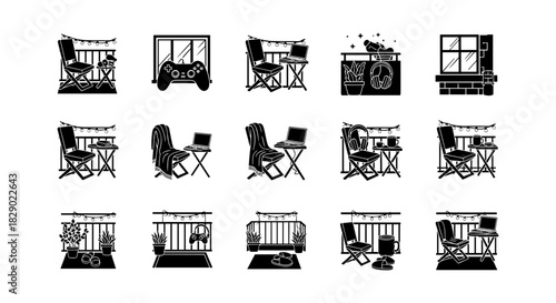 Cozy balcony icons showcasing relaxed outdoor settings with modern interior elements