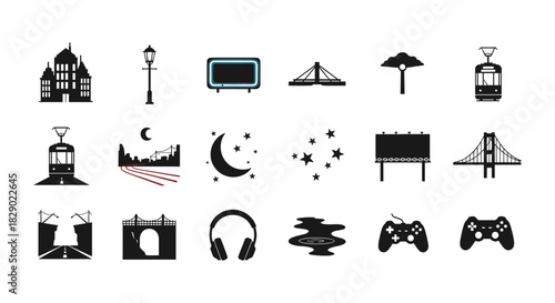 Urban icons collection: cityscape, transportation, and technology elements in silhouette