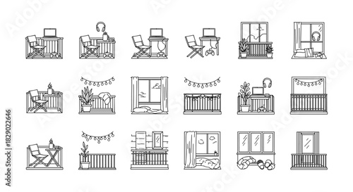 Linear minimalist home office and cozy balcony scenes