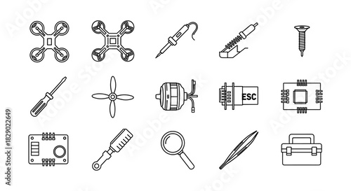 Linear drone and electronics toolkit icons for diy repair and assembly projects