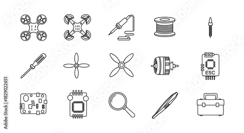 Drone and electronics tools collection: line art icons of components and tools