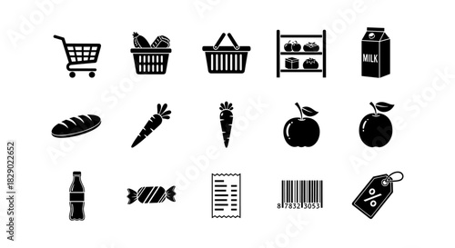 Grocery shopping icons set: cart, basket, food items, and discount tags in black and white