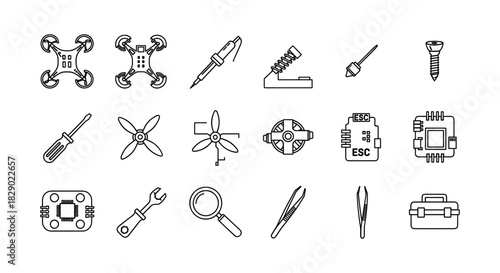 Drone repair tools outline icons set: propellers, motors, and electronics for diy enthusiasts
