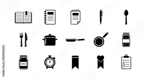 Minimalist cooking icons set: pots, cutlery, recipe, and timer silhouettes for kitchen designs