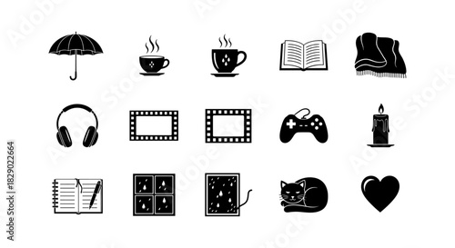 Cozy home essentials: umbrella, tea, headphones, cat, rainy day icons in black and white