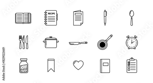 Minimalist kitchen and cooking icons set for recipes and meal planning