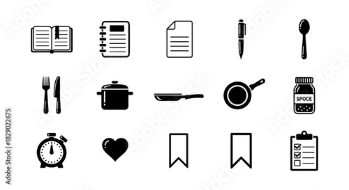Essential kitchen and office icons set in minimalist black and white design