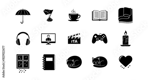 Cozy silhouette icons: rain, coffee, and relaxation essentials for a comfy day