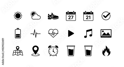 Minimal icon set: weather, health, calendar, and multimedia symbols in silhouette style