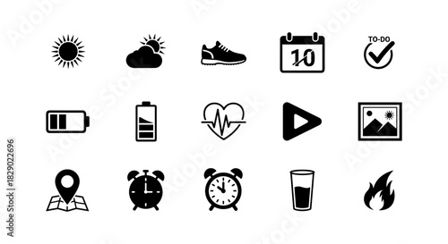 Essential collection of everyday icon designs in minimalistic black and white style