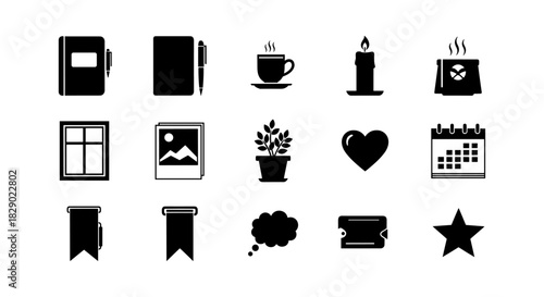 Minimalist black icons set: notebook, coffee, candle, calendar, plant, heart