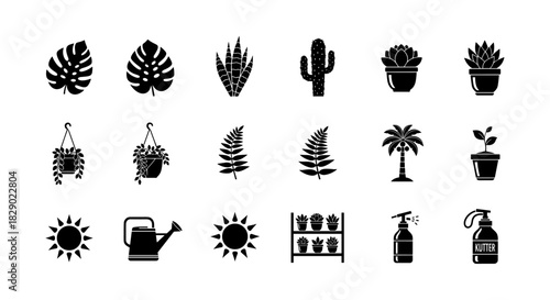 Stylish monochrome plant icons set featuring cacti, succulents, and tropical leaves