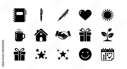 Black silhouettes: everyday icons featuring gifts, plants, and stationery