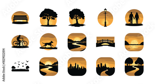 Silhouette scenes of nature and cityscapes at sunset with various outdoor activities