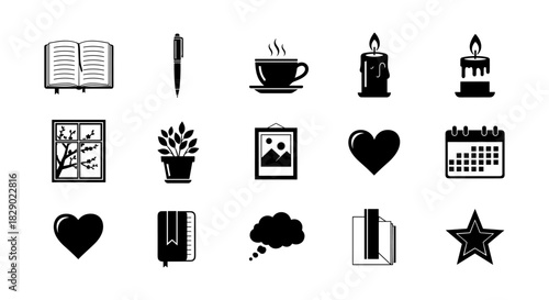 Classic black and white icons for office, home, and holiday themes