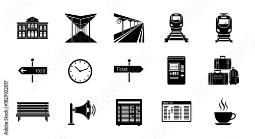 Black silhouette train station elements: trains, tickets, clocks, signs, and more in iconic style