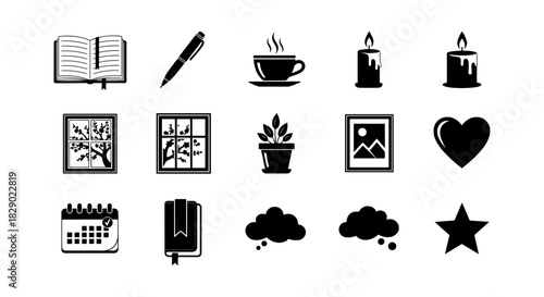 Black and white everyday icons: book, pen, coffee, candle, window, plant, heart, star