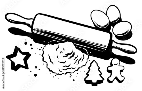 Christmas baking ingredients vector illustration with rolling pin eggs flour and cookie cutters in bold black and white style