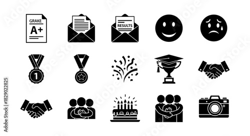 Celebration and achievement icons: medals, smiles, and success in silhouette design