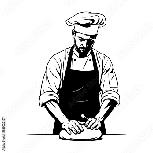 Skilled Black Vector Silhouette of a Male Baker Expertly Kneading Dough Culinary Profession