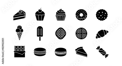Silhouette collection of delicious desserts and pastries in black and white