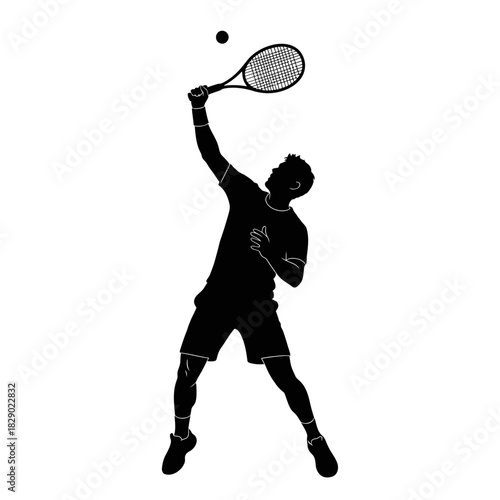 Dynamic Black Vector Silhouette of a Focused Male Tennis Player Serving Dynamic Action Sport