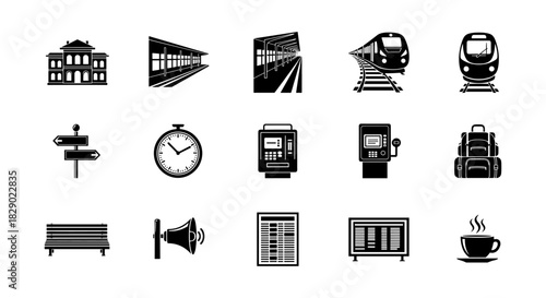 Silhouette urban transport elements: train, station, ticket machine, backpack, coffee