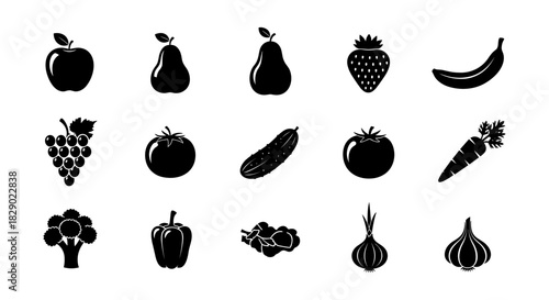 Silhouette icons of fruits and vegetables in black on white background