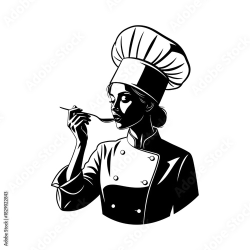 Talented Black Vector Silhouette of a Female Chef Delicately Tasting from a Spoon Culinary Art