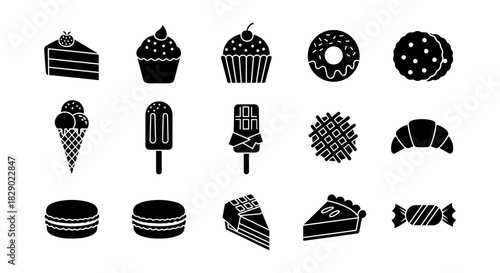 Collection of silhouette dessert icons: cake, cupcake, doughnut, and more