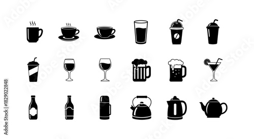 Icon set of various beverage containers: cups, glasses, and bottles in black silhouette style
