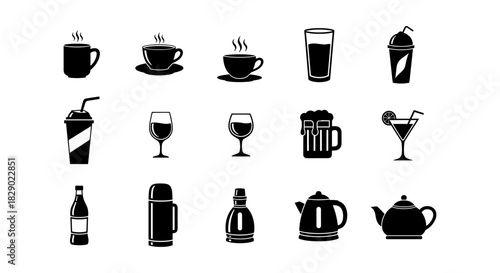 Silhouette icons of various hot and cold beverages for menu design