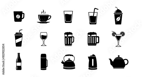 Silhouette icons of popular beverages and drinkware for various occasions