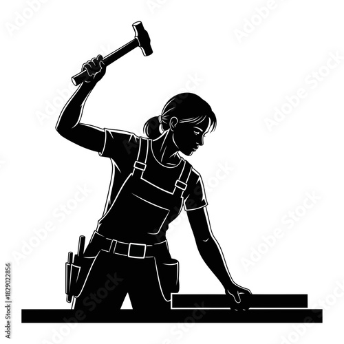 Skilled Black Vector Silhouette of a Female Carpenter Skillfully Using a Hammer Construction