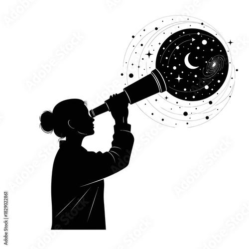 Focused Black Vector Silhouette of a Female Astrophysicist Observing a Telescope Science Icon