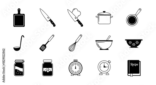 Essential kitchen tools icons set in minimalist black and white style
