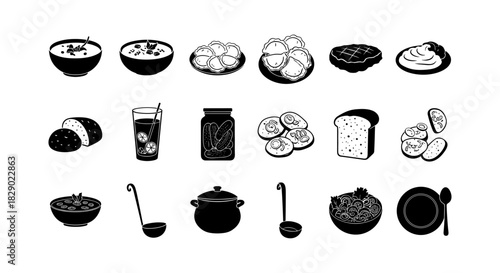 Collection of kitchen and food icons in black silhouette style