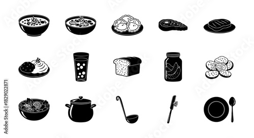 Black and white food icons: simplistic culinary designs for kitchen decor