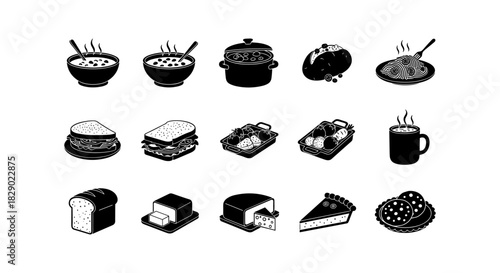Assorted food icons in black and white silhouette style for diverse culinary concepts