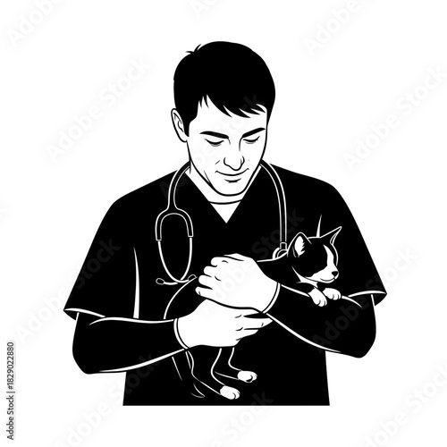 Compassionate Male Veterinarian Examining a Pet Silhouette Illustration Animal Care
