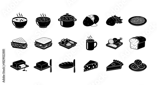 Monochrome food icons featuring bread, cheese, and dessert items for minimalist designs