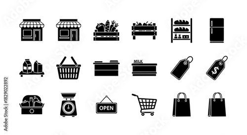 Silhouette icons set: supermarket essentials and grocery shopping symbols