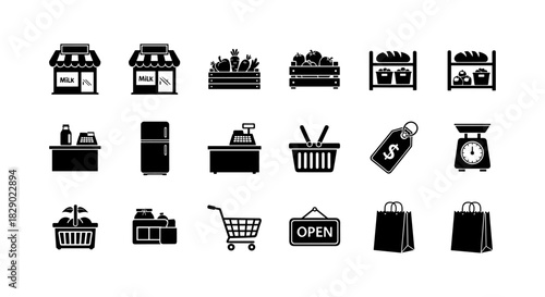 Silhouette grocery icons set: market, shopping cart, basket, cash register, produce