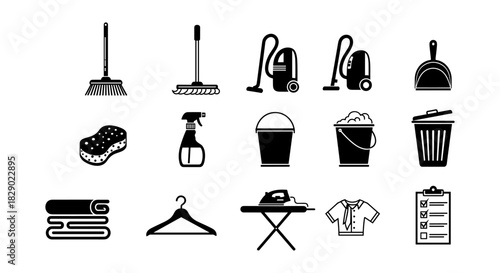 Cleaning tools and equipment icons collection for home maintenance