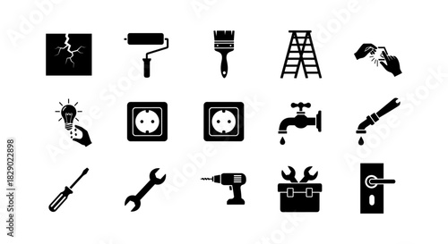 Set of black repair icons featuring tools and maintenance equipment